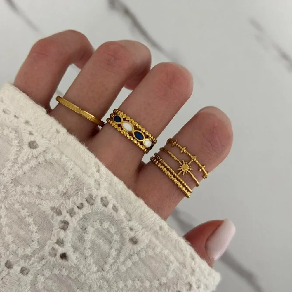SKU:0157 set 3 gold blue white rings vintage style suitable for sizes from‎